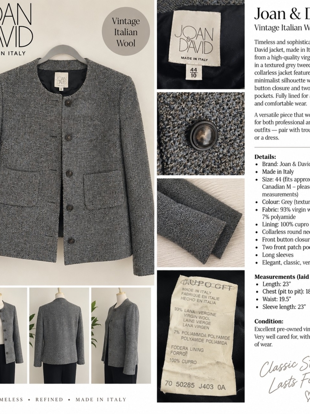 Gray Textured Wool-Blend Women's Blazer Joan And David Size M/L